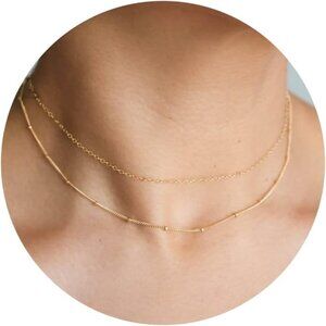 Gold Necklace Layered Choker Dainty Silver Beaded 15" Women Jewelry Gift